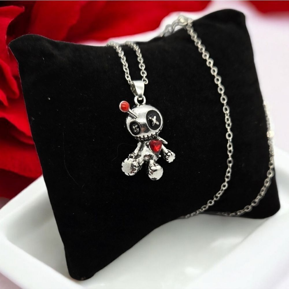 Voodoo Doll Necklace Silver Gothic Horror Goth NOLA Red Pin Heart Pendant